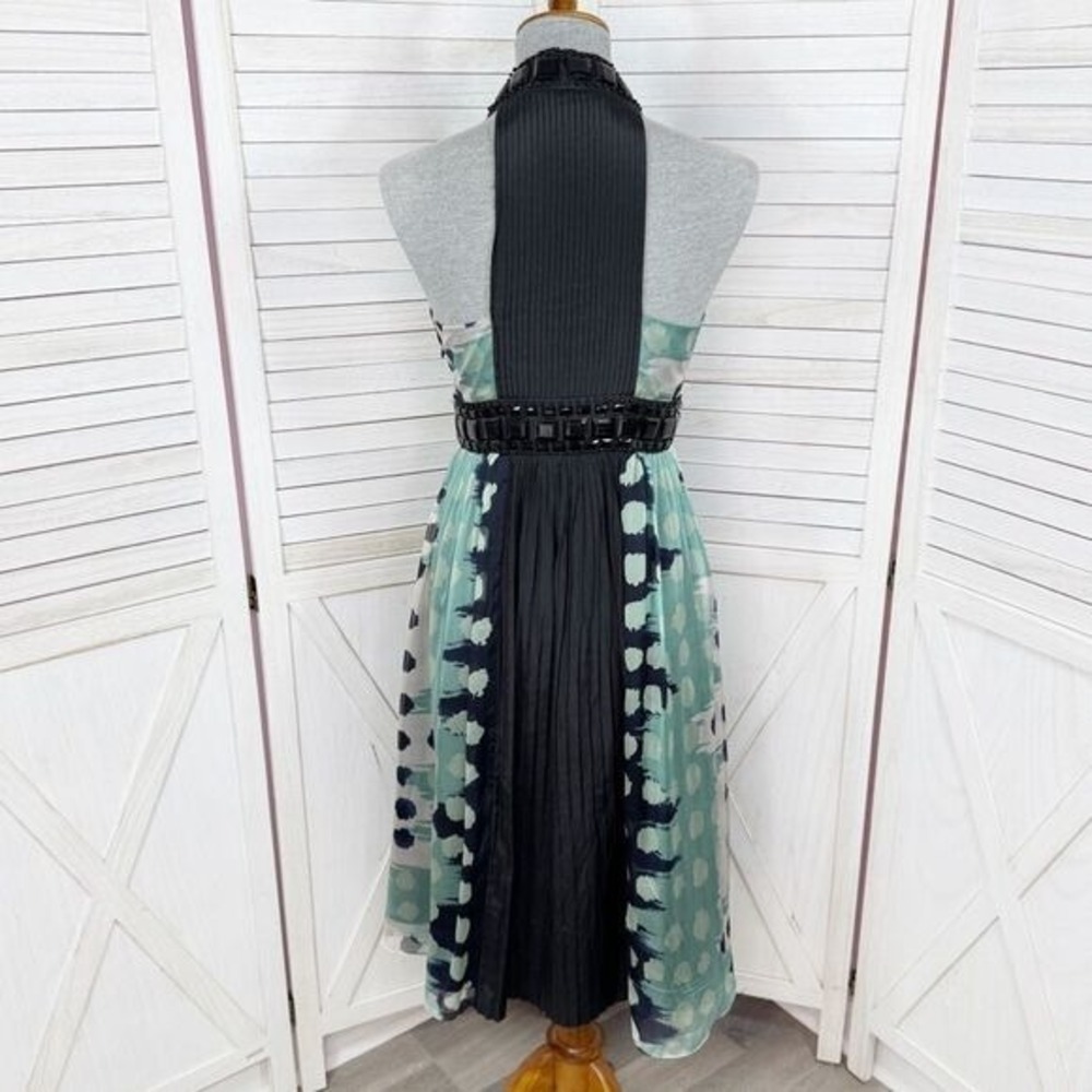 Zara Beaded Silk Pleated Multi Pattern Fit Flare Halter Dress Black Teal Medium - Picture 4 of 15